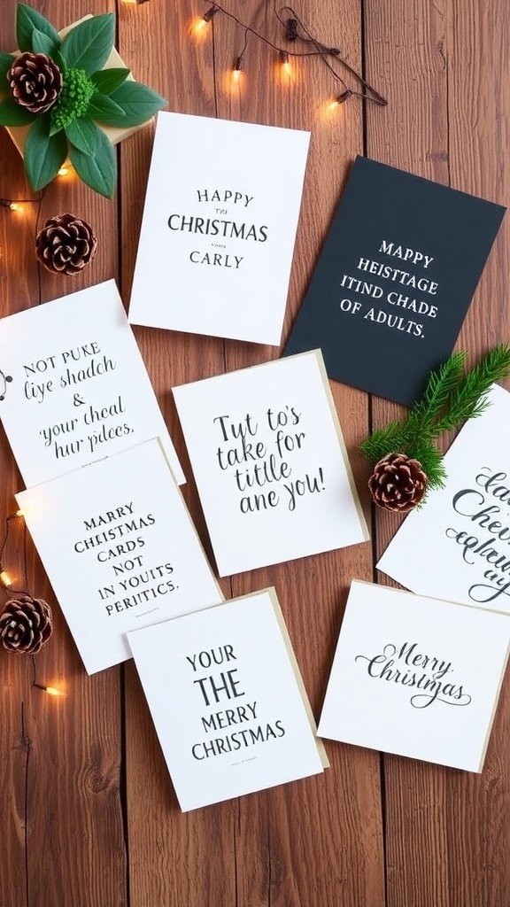 A collection of creative Christmas cards for adults displayed on a wooden table with festive decorations.